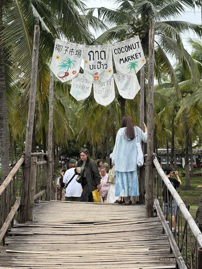 清邁 椰林市集 Coconut Market 入口木橋景色，旅人走在椰子樹環繞的市集通道，呈現自然系與在地生活感的清邁特色市集氛圍