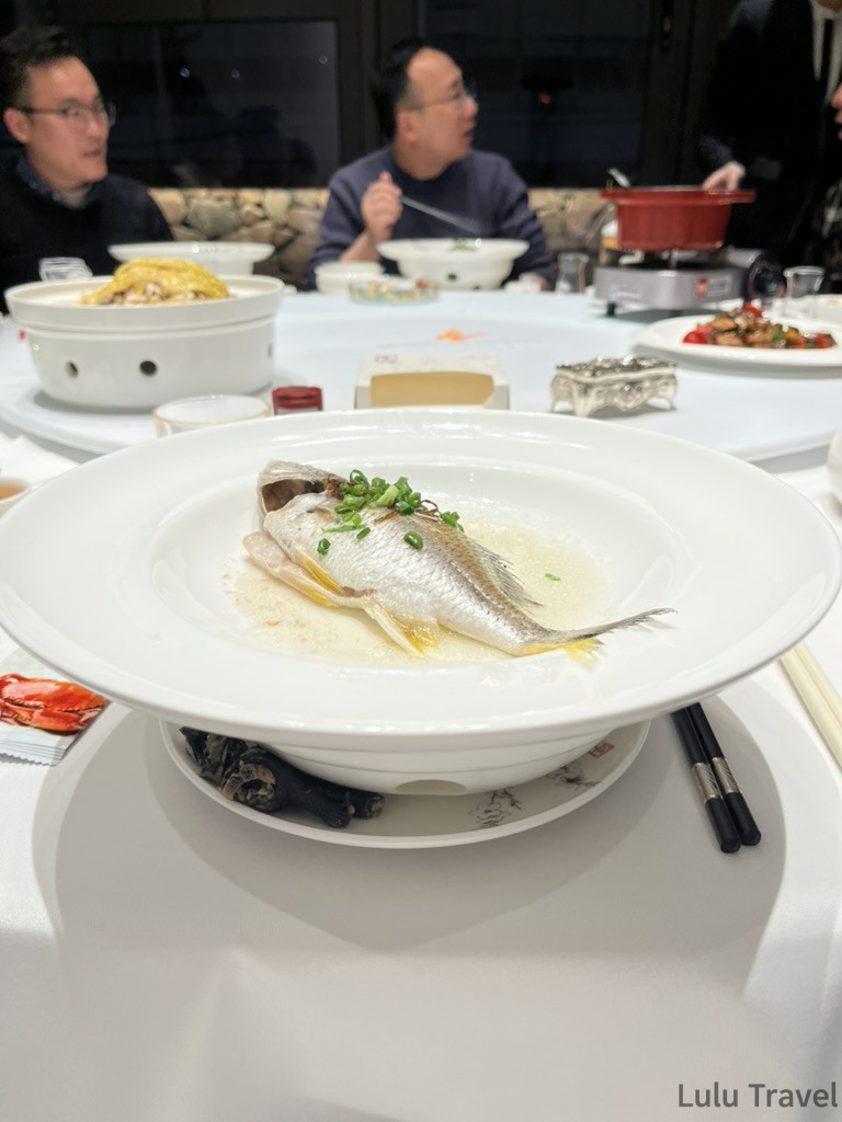中國出差|深圳的震撼反差與義烏意外挖到的免費景點 中國出差廠商招待的清蒸魚料理,整條魚盛於白色深盤並撒上蔥花,背景為圓桌上多道菜餚與用餐賓客