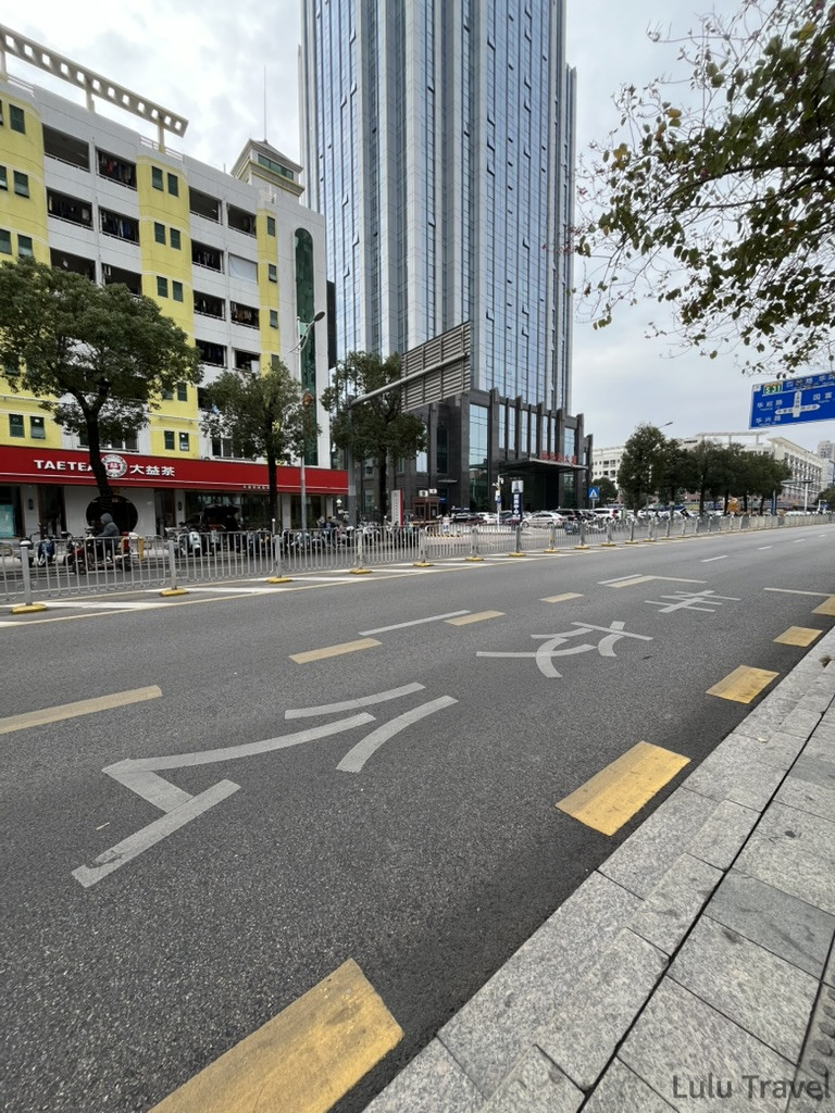 中國出差|深圳的震撼反差與義烏意外挖到的免費景點 深圳市區街道日間景色,寬敞多線道馬路兩旁有大益茶門市與現代玻璃帷幕高樓,路面標有中文路標