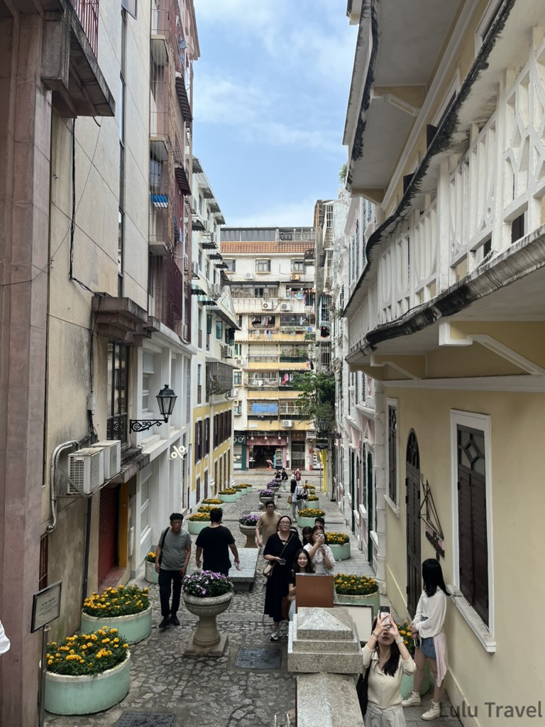 Accidental Macau Travel: A Spontaneous 2-Day Macau Self-Guided Itinerary 澳門戀愛巷白天景色,兩側葡式建築夾道,石板路中央擺放菊花花盆,旅客穿梭其間