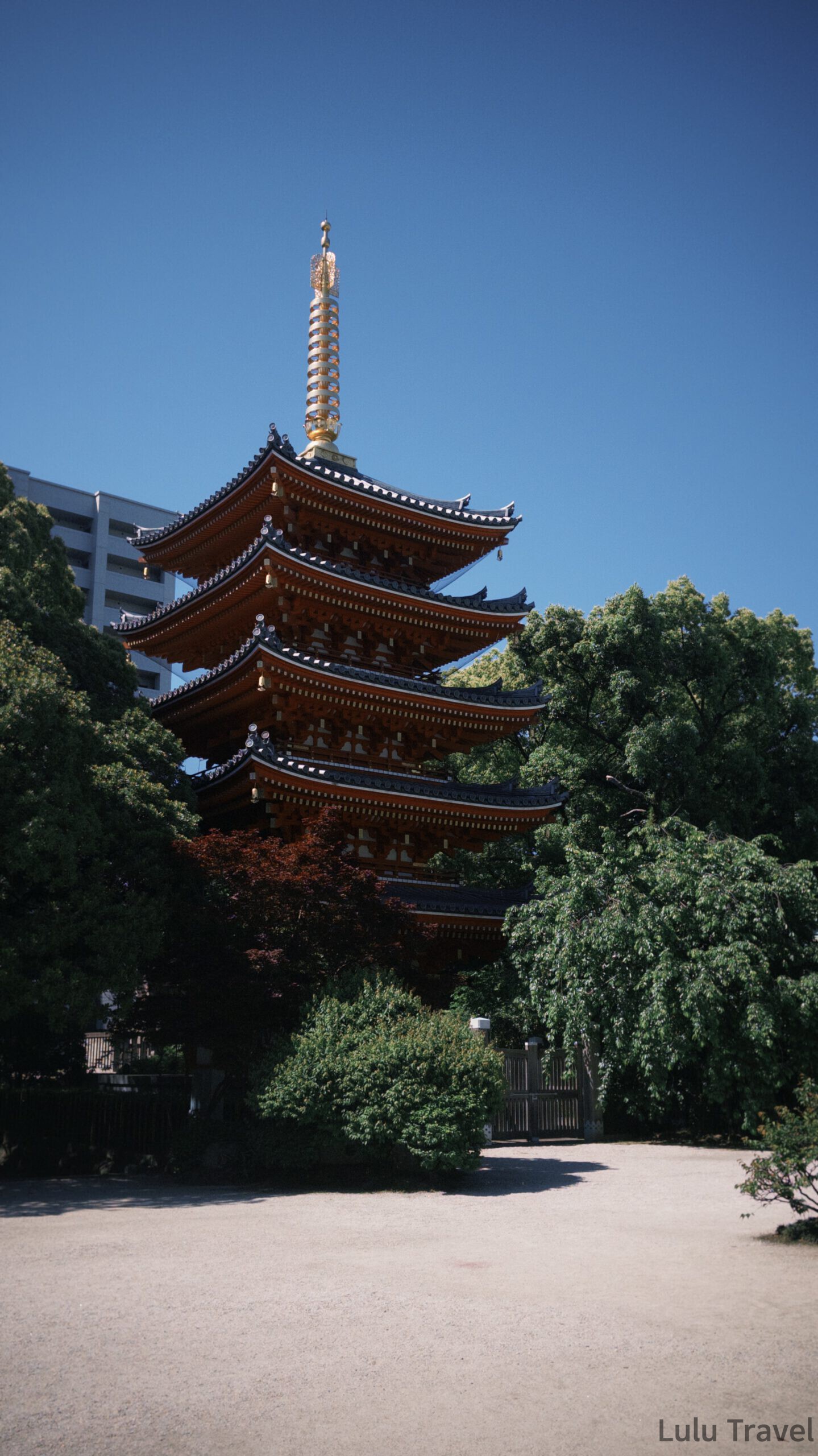福岡自由行|日本黃金週的6 天 5 夜行程與消費明細 福岡博多東長寺的五重塔,高聳的朱紅色傳統木造佛塔在藍天下顯得十分醒目,周圍被茂密的綠樹環繞