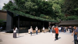 福岡自由行|日本黃金週的6 天 5 夜行程與消費明細 太宰府天滿宮由藤本壯介設計的期間限定「仮殿」側面,傾斜的屋頂上種植著生機盎然的綠色植物