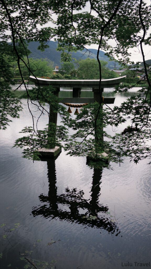 由布院兩天一夜|避開黃金週人潮的溫泉住宿與由布院之森 立在金鱗湖水中的石鳥居,掛著注連繩,倒影映在湖面,前景是楓葉