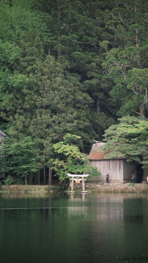 由布院兩天一夜|避開黃金週人潮的溫泉住宿與由布院之森 清晨的金鱗湖對岸,白色鳥居與木造建築倒映在無風的湖面